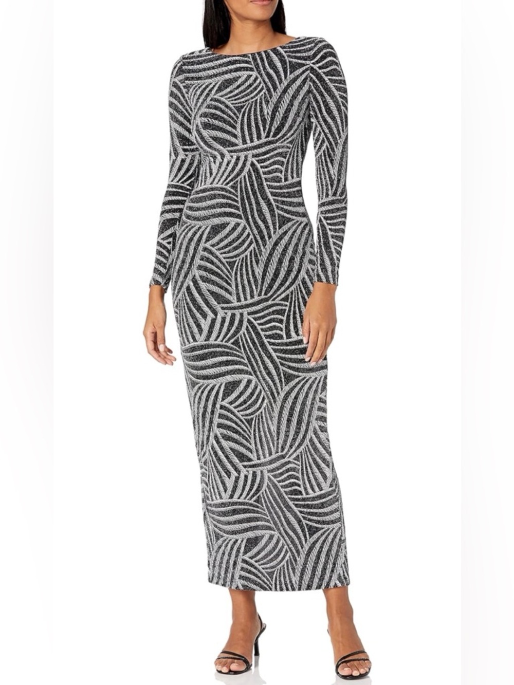 Fitted Long Sleeve Sparkly Black & Silver  Patterned Maxi Dress w/Cutout Back 16